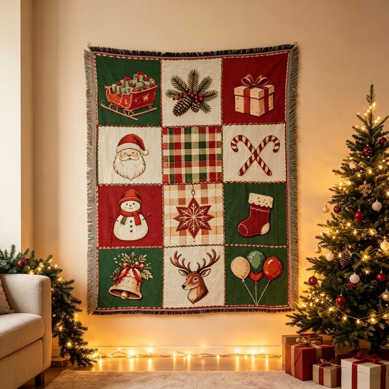Christmas Throw Blanket - بطانية جاكار مزينة بالشراشيب لعيد الميلاد،